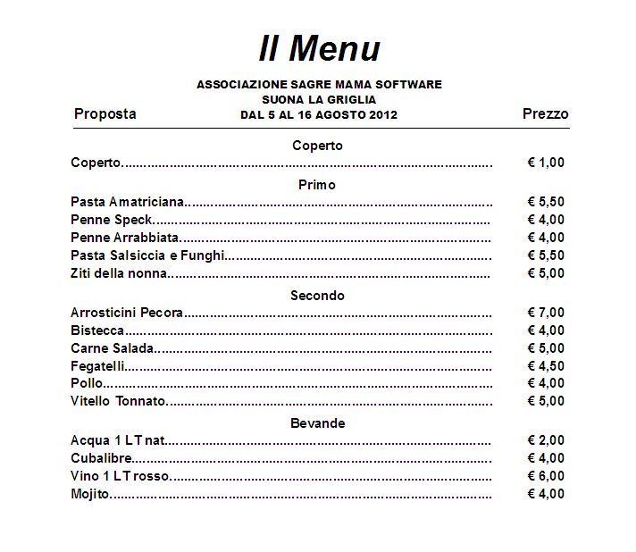 Stampa dei menu dettagliata o sintetica