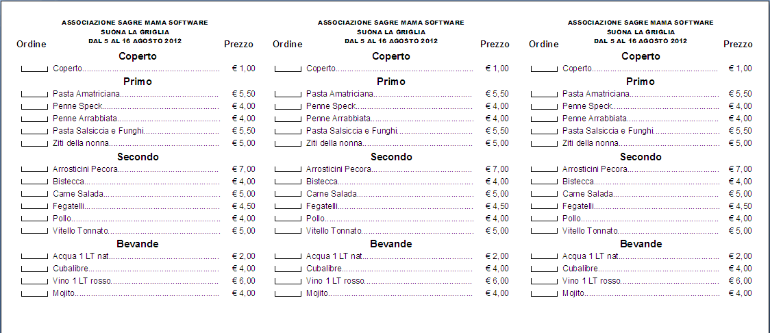 Stampa dei menu dettagliata o sintetica